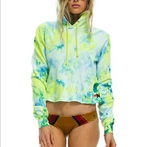 AVIATOR NATION - HAND DYED PULLOVER CROP HOODIE - NEON YELLOW AND BLUE